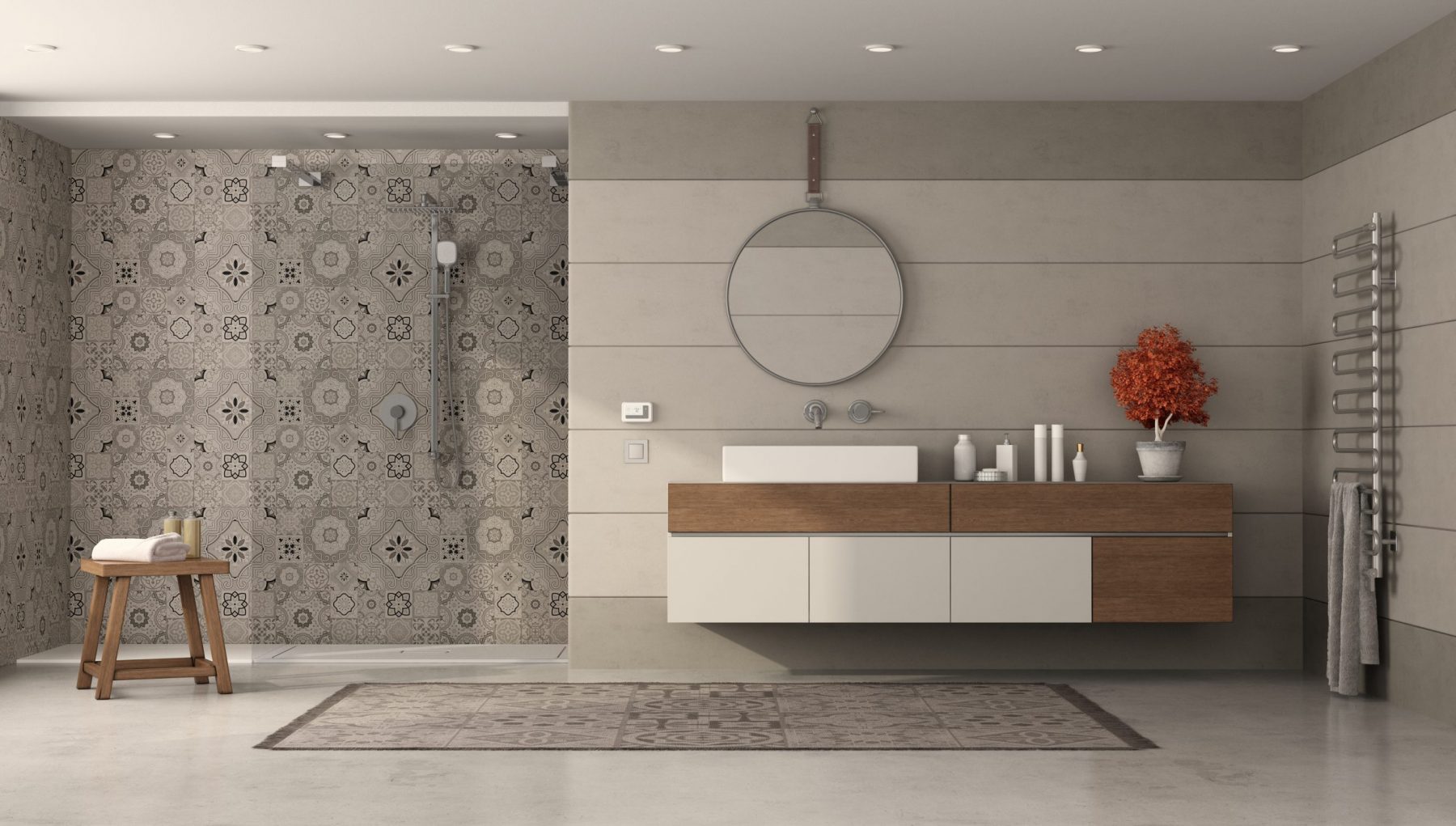 Modern bathroom with sink and shower with retro tiles - 3d rendering