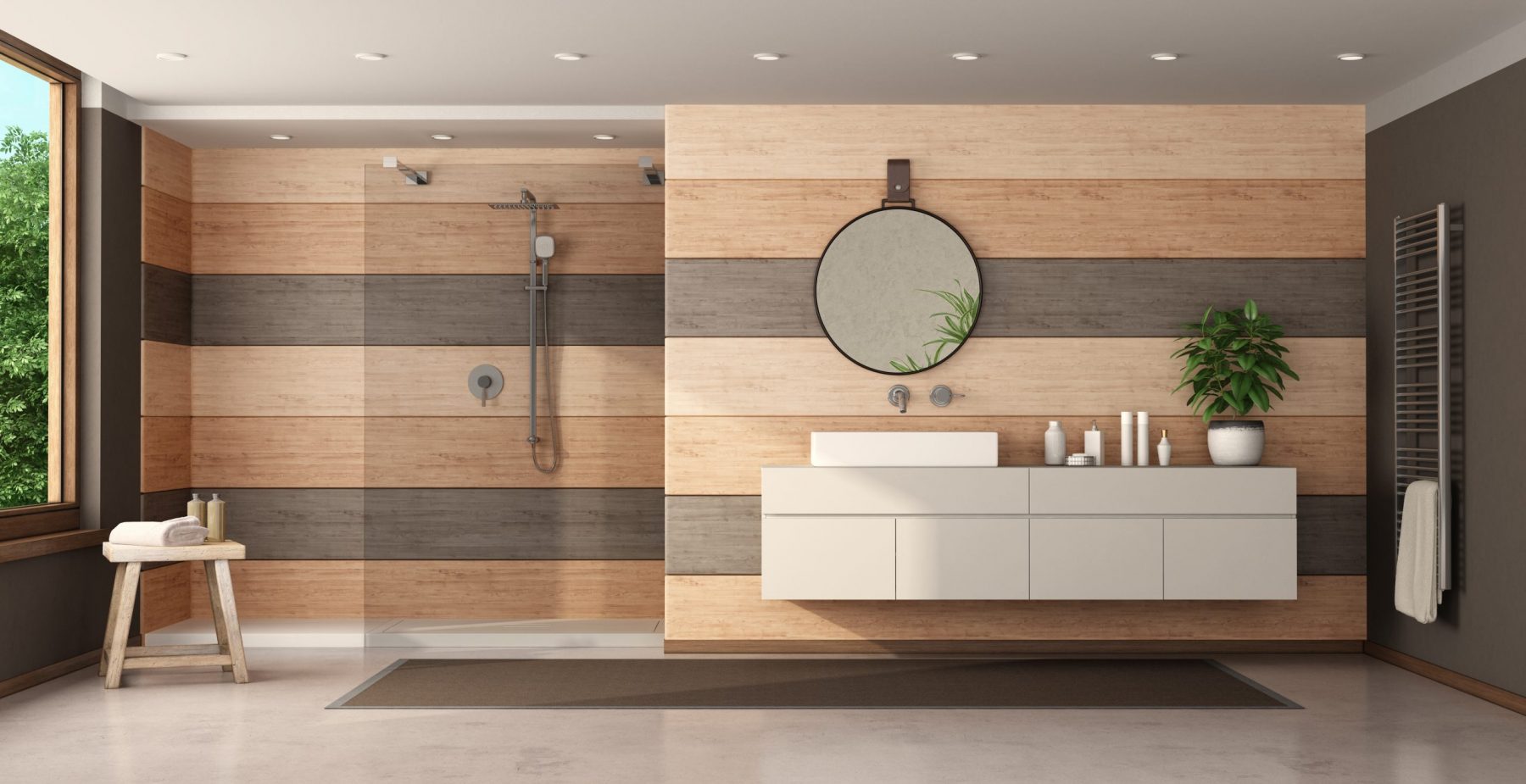 Modern bathroom with wooden paneling, shower and washbasin - 3d rendering